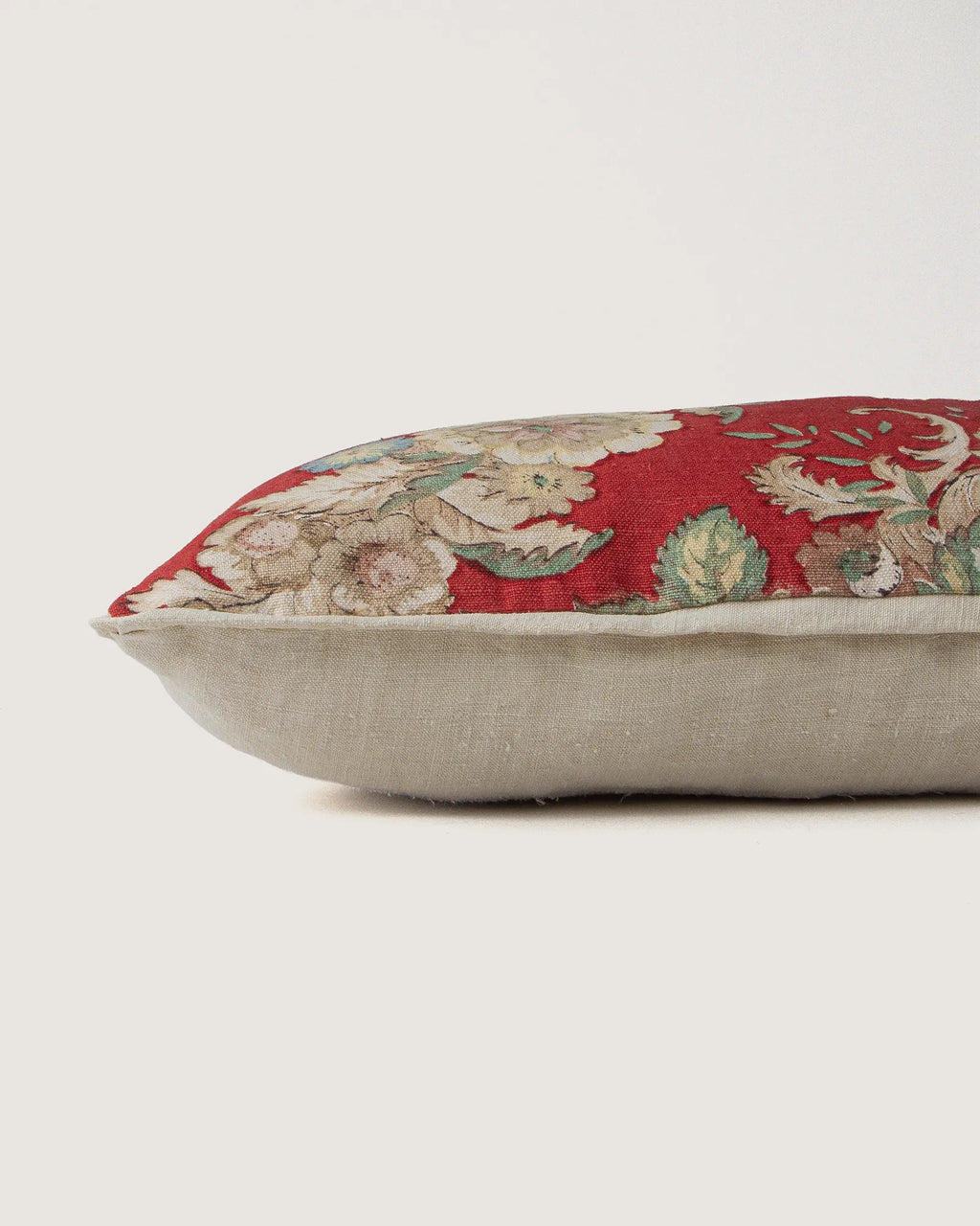 Bespoke Floral Crimson Tapestry & Vintage Italian Linen Lumbar Cushion (56 x 26 cm)