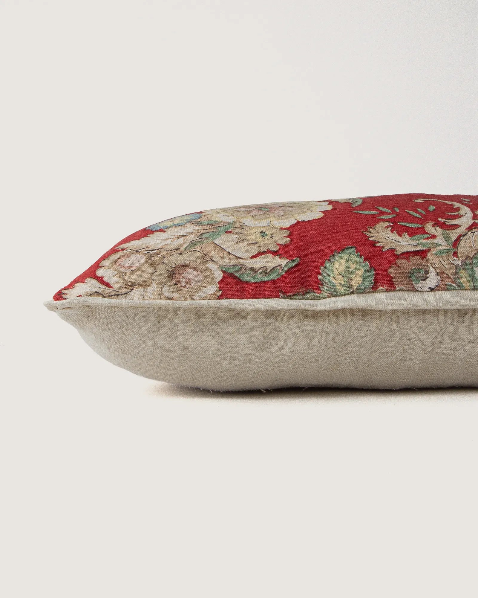 Bespoke Floral Crimson Tapestry & Vintage Italian Linen Lumbar Cushion (56 x 26 cm)