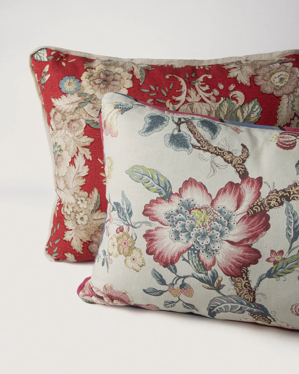 Bespoke Floral Crimson & Vintage Italian Linen Decorative Cushion (56 x 38 cm)