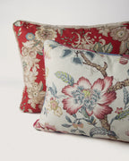 Bespoke Floral Crimson & Vintage Italian Linen Decorative Cushion (56 x 38 cm)