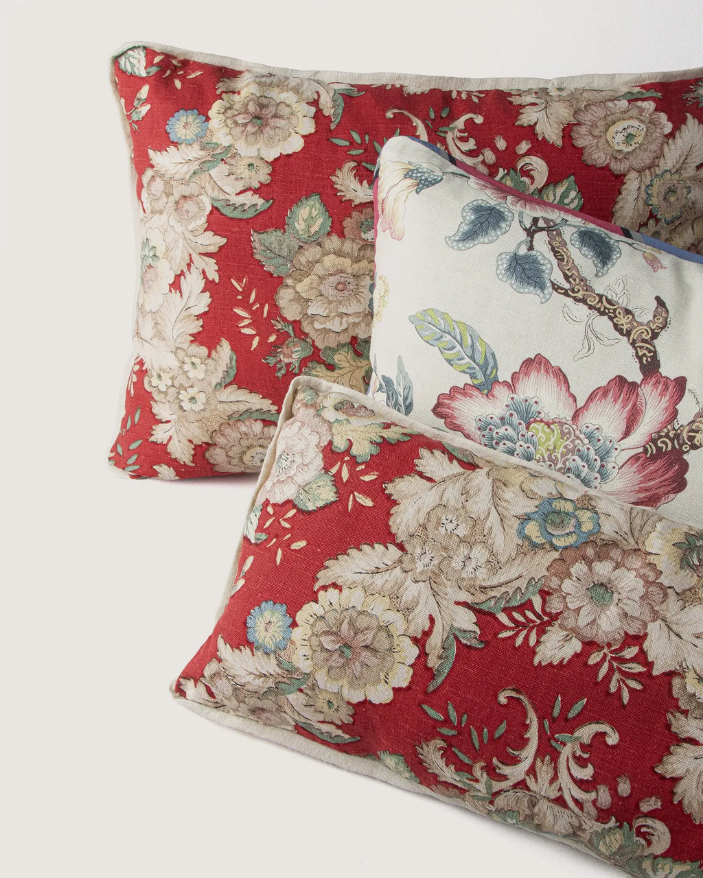 Bespoke Floral Crimson Tapestry & Vintage Italian Linen Lumbar Cushion (56 x 26 cm)
