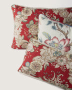 Bespoke Floral Crimson Tapestry & Vintage Italian Linen Lumbar Cushion (56 x 26 cm)