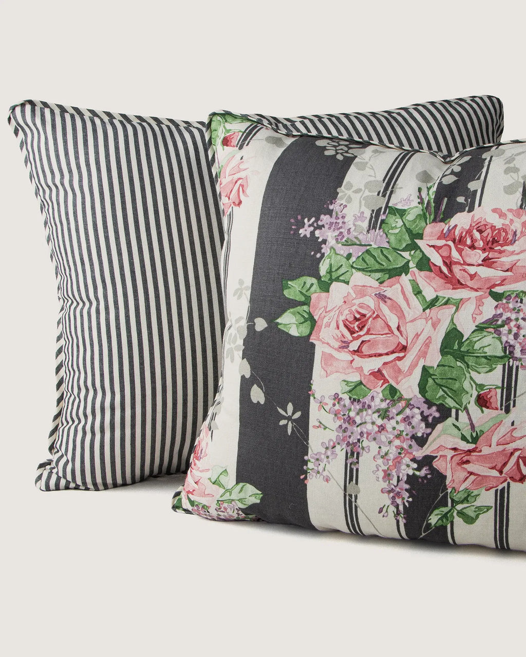 Bespoke Vintage Sanderson Cotton Cushion – Two-Sided Floral & Ticking Stripe Motif (52 x 42 cm)