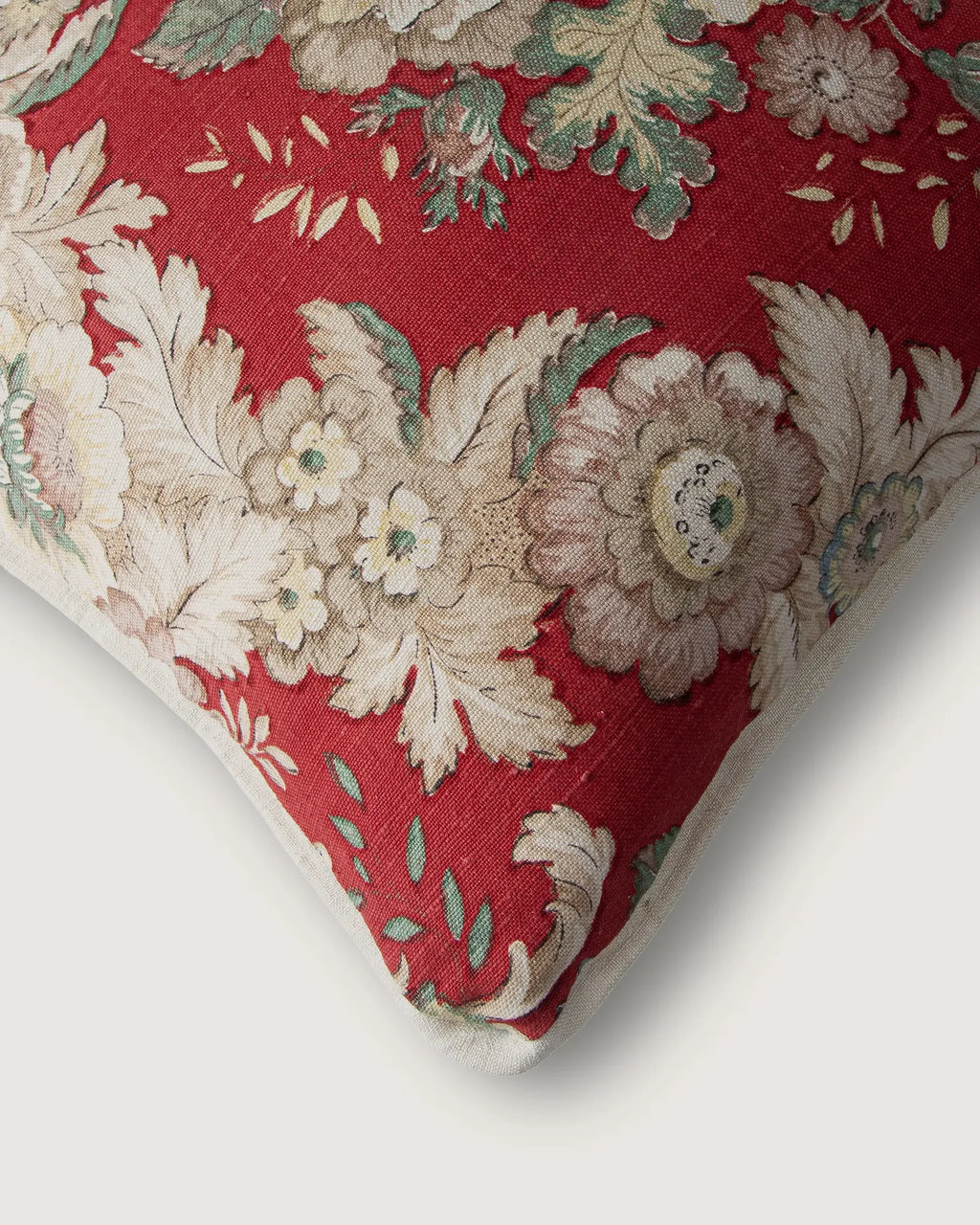 Bespoke Floral Crimson & Vintage Italian Linen Decorative Cushion (56 x 38 cm)
