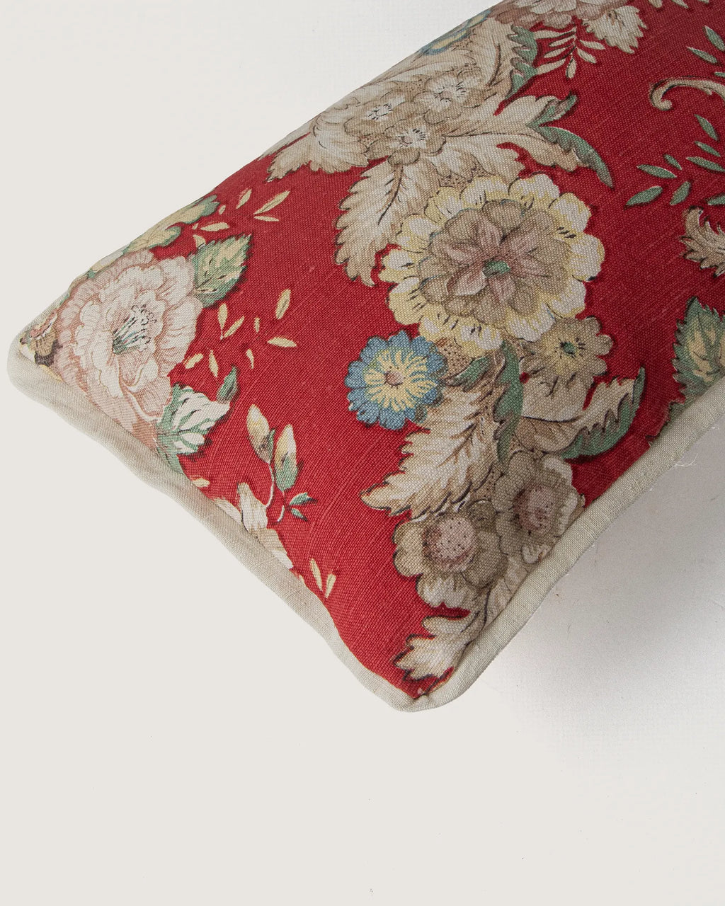 Bespoke Floral Crimson Tapestry & Vintage Italian Linen Lumbar Cushion (56 x 26 cm)