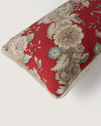 Bespoke Floral Crimson Tapestry & Vintage Italian Linen Lumbar Cushion (56 x 26 cm)