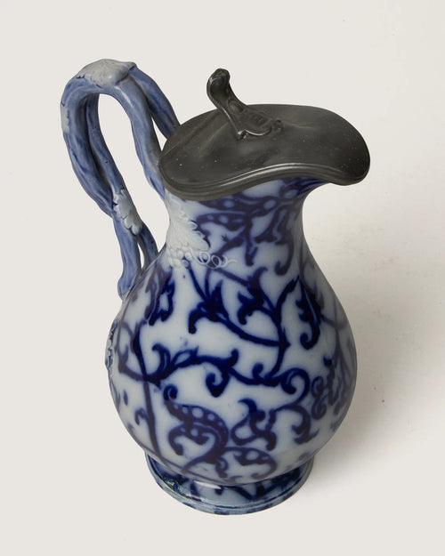 Antique Blue and White Relief-Molded Jug with Pewter Lid (Late 19th Century)