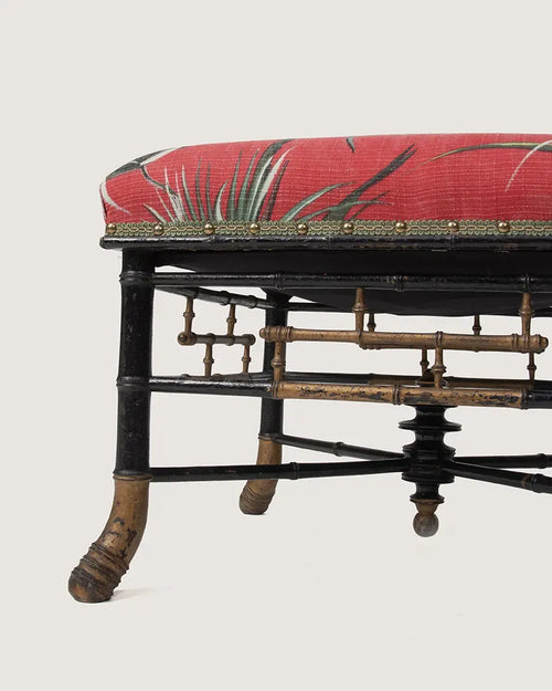 "The Emperor’s Tropical Dream" – Napoleon III Faux Bamboo Ottoman with 1950s French Textile