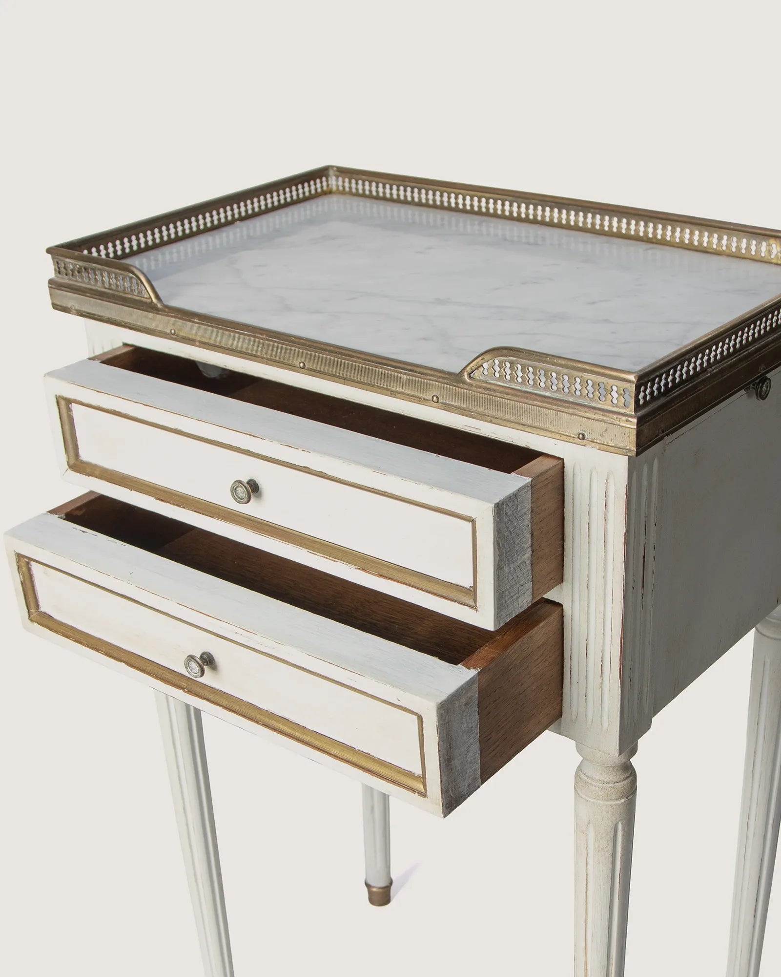 Pair of Antique French Louis XVI Style Lacquered Bedside Tables with Marble Tops – Early 20th Century