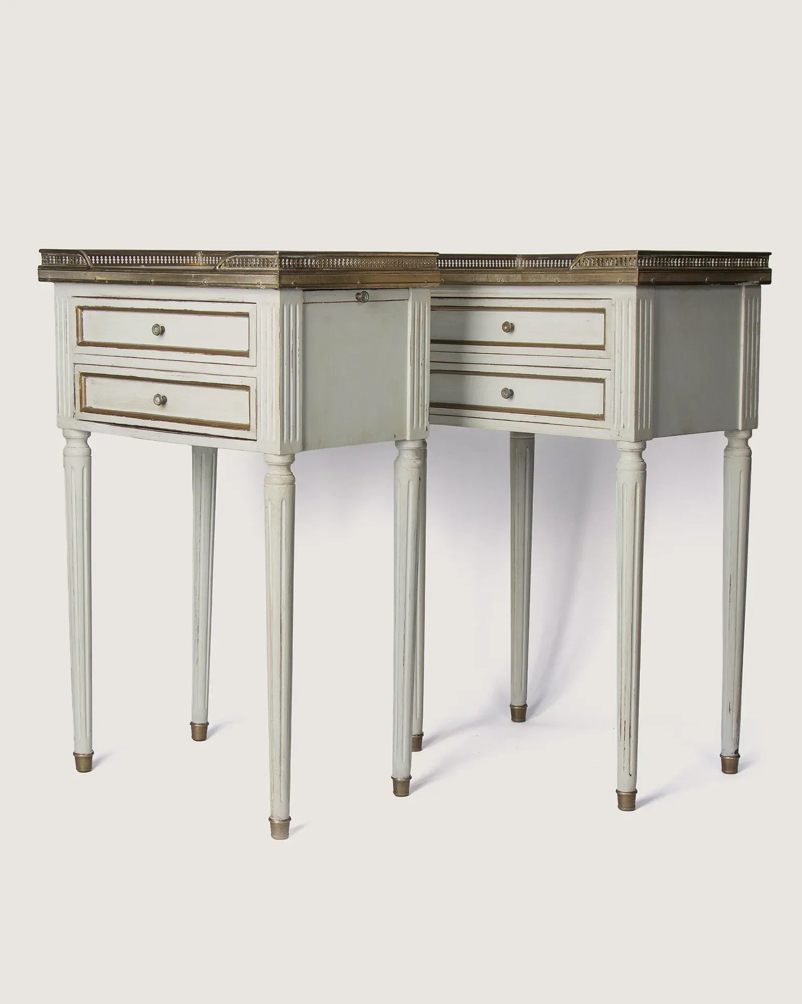 Pair of Antique French Louis XVI Style Lacquered Bedside Tables with Marble Tops – Early 20th Century