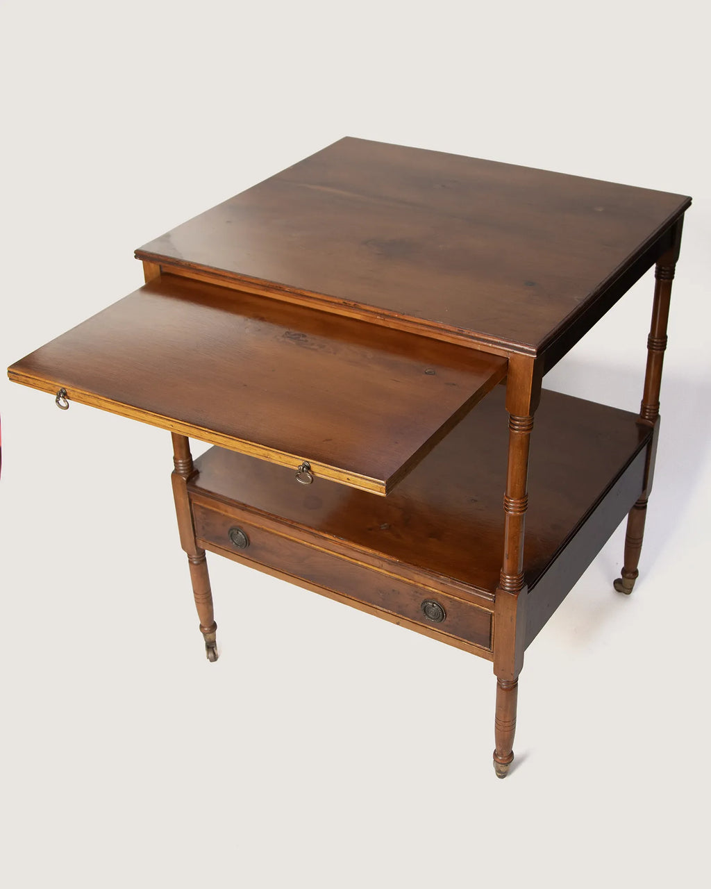 Pair of Antique French Walnut & Burl Wood Side Tables with Casters – Early 20th Century