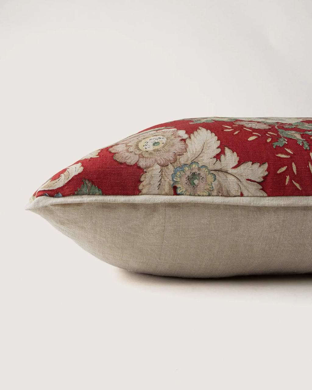 Bespoke Floral Crimson & Vintage Italian Linen Decorative Cushion (56 x 38 cm)