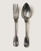 Early 20th-century antique French silver-plated flatware cutlery set for 6, sophisticated table setting.