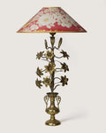 Antique late 19th-century French ecclesiastical brass altar lamp paired with a bespoke 1950s vintage botanical print silk shade. One-of-a-kind vintage lighting curated by Atelier Bellinzona
