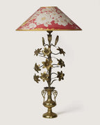Antique late 19th-century French ecclesiastical brass altar lamp paired with a bespoke 1950s vintage botanical print silk shade. One-of-a-kind vintage lighting curated by Atelier Bellinzona
