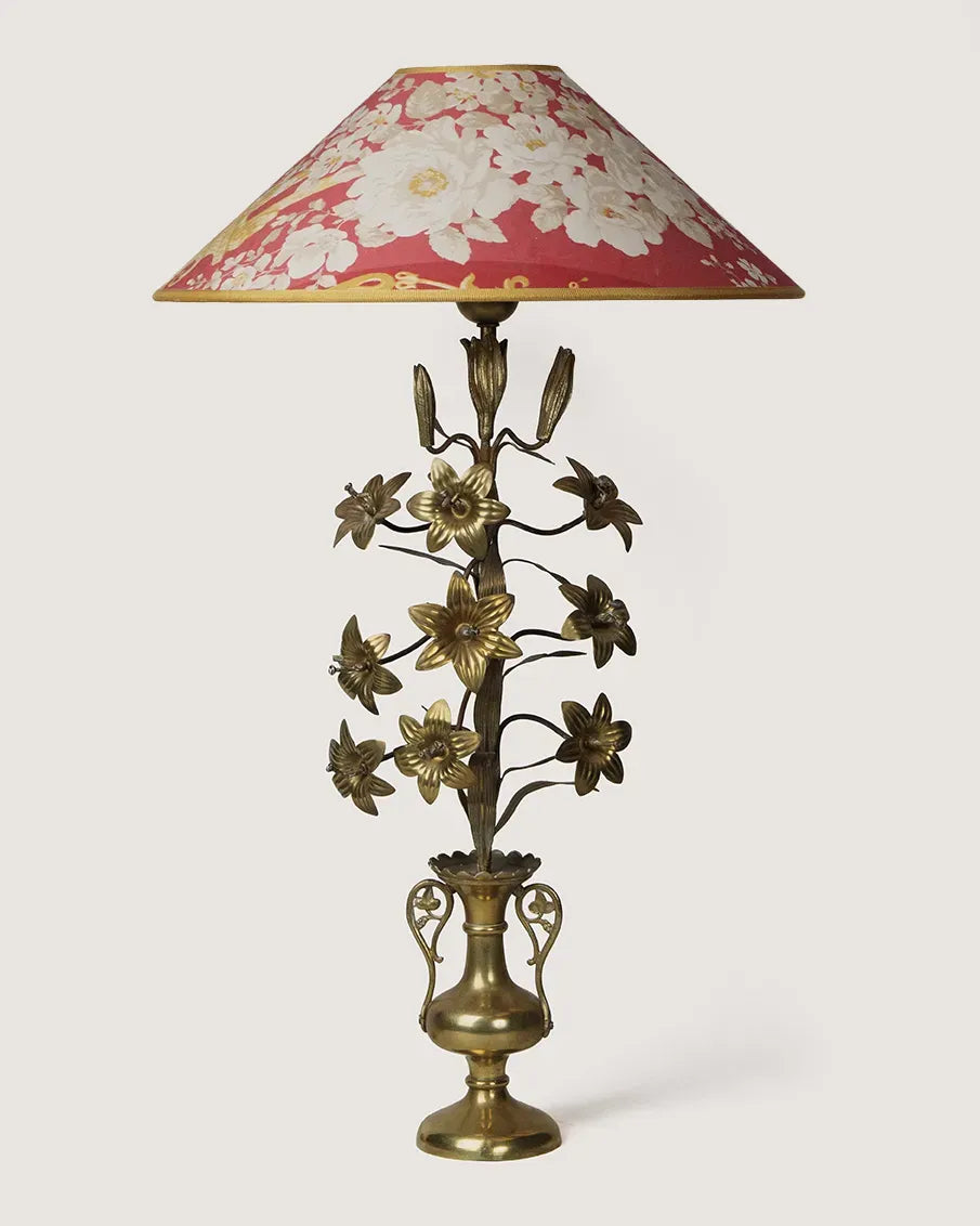 Antique late 19th-century French ecclesiastical brass altar lamp paired with a bespoke 1950s vintage botanical print silk shade. One-of-a-kind vintage lighting curated by Atelier Bellinzona

