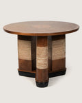 1920s Art Deco sunburst center table featuring a striking inlaid top made of rich burl walnut and mixed woods.