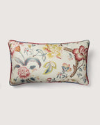 Full view of the second side of the rectangular French linen cushion, displaying a complementary layout of the same Chinoiserie botanical motif.