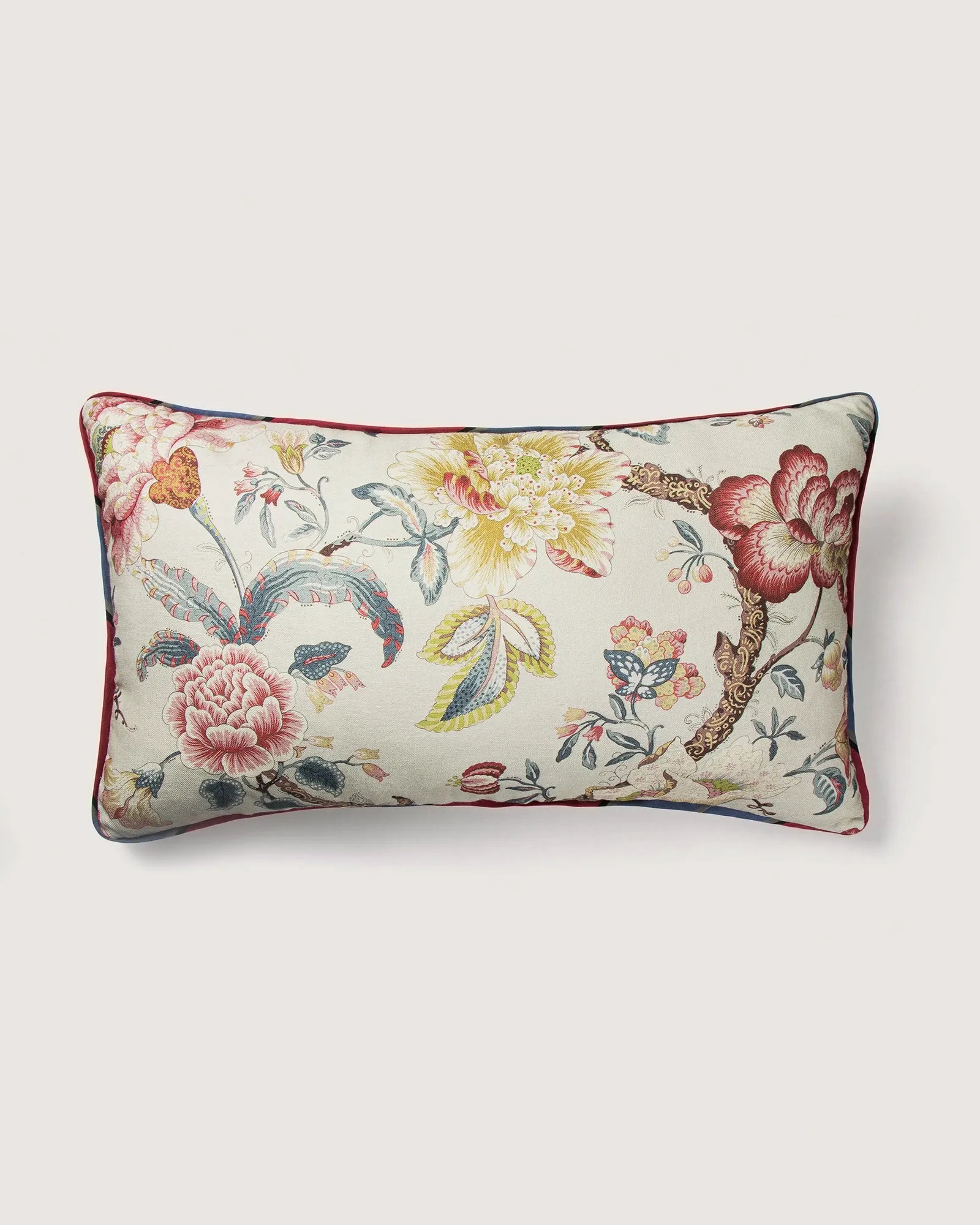 Full view of the second side of the rectangular French linen cushion, displaying a complementary layout of the same Chinoiserie botanical motif.