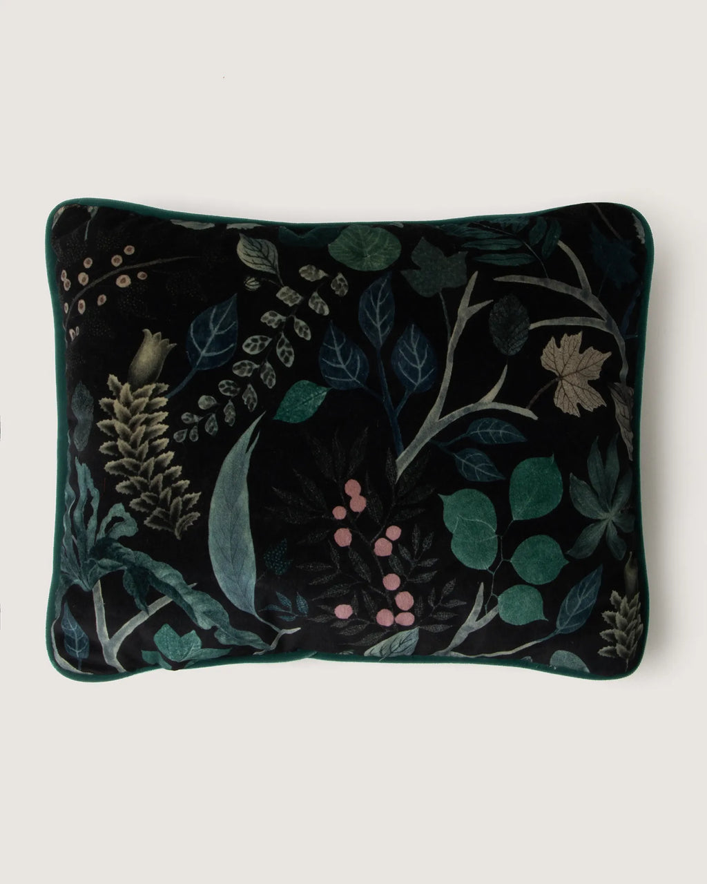 Reversible petite lumbar cushion featuring a Christian Lacroix botanical velvet front paired with emerald green silk.