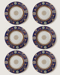 Full top-down view of 6 antique English Imari pattern deep plate, showcasing the rich cobalt blue border, gold floral scrolls, and central gold rosette.