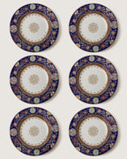 Full top-down view of 6 antique English Imari pattern deep plate, showcasing the rich cobalt blue border, gold floral scrolls, and central gold rosette.