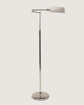 Italian mid-century modern adjustable pharmacy style floor lamp in sleek, polished chrome with a minimalist design. One-of-a-kind vintage lighting curated by Atelier Bellinzona.