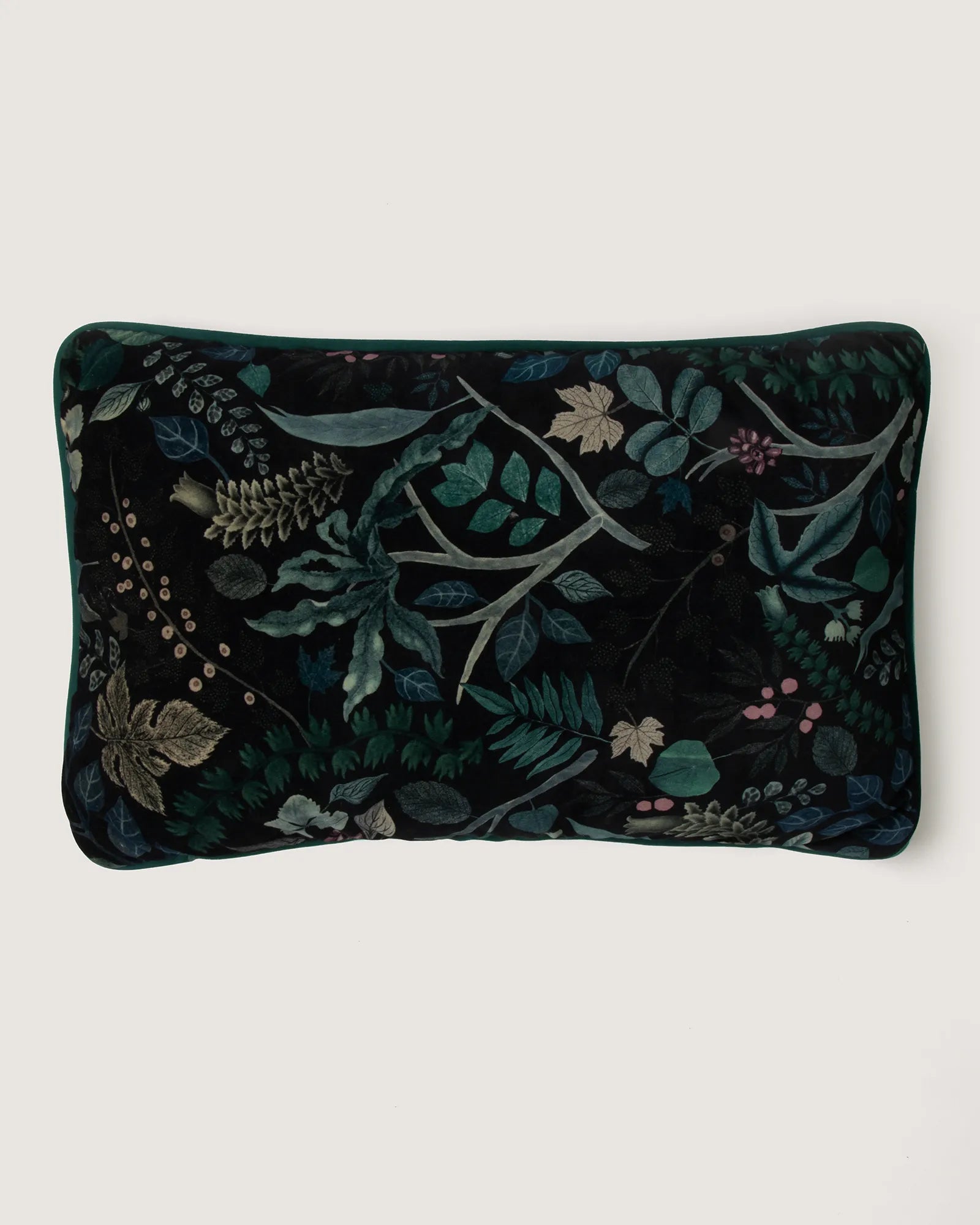 Large reversible lumbar cushion in Christian Lacroix botanical print velvet with a rich emerald green silk back.