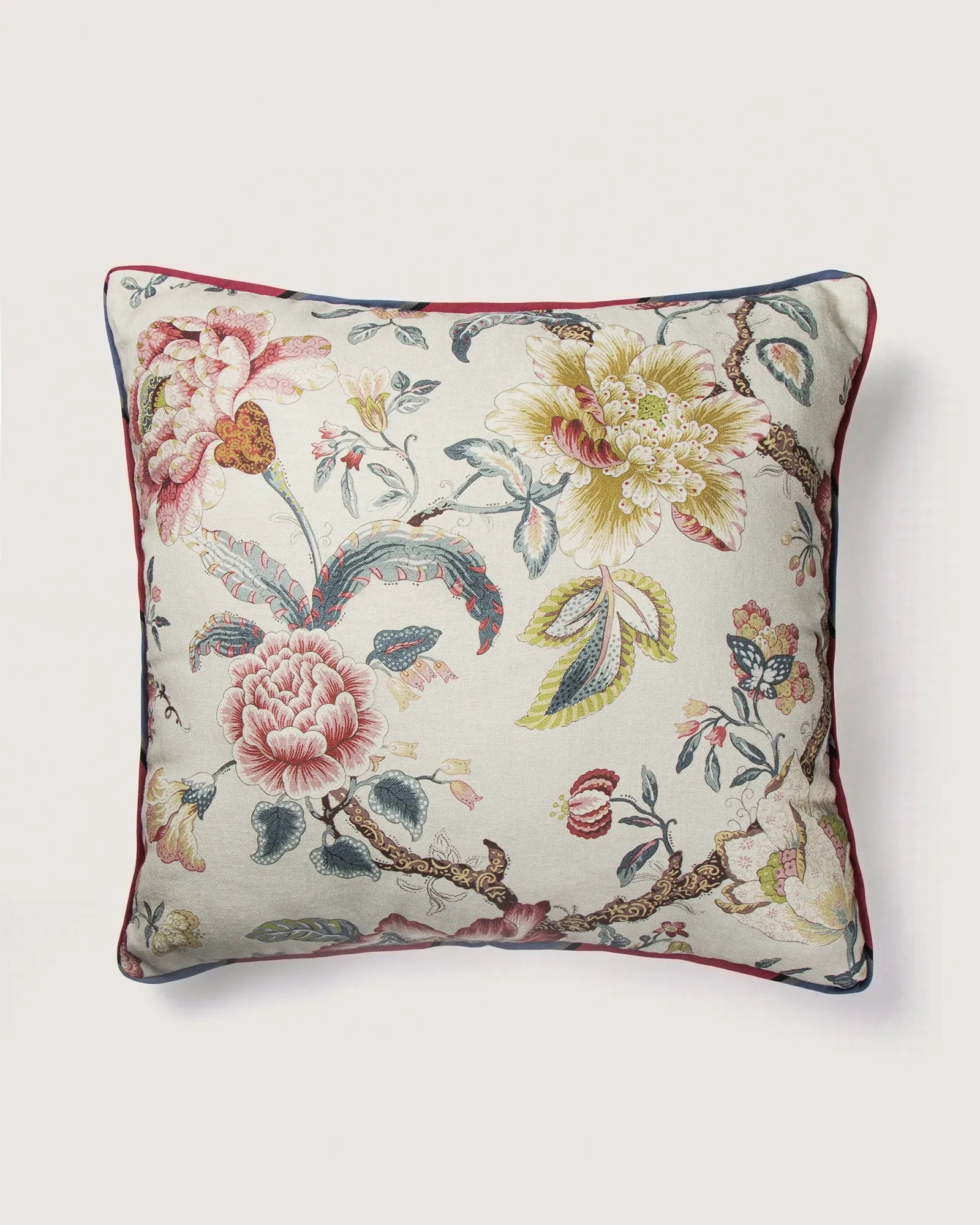 Full view of the first side of a 55x50 cm square French linen cushion, showcasing a Chinoiserie botanical pattern with a large pink peony and a yellow flower.
