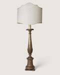 Monumental 106 cm mid-century wooden candelabra table lamp finished in exquisite gold leaf with a premium parchment shade.