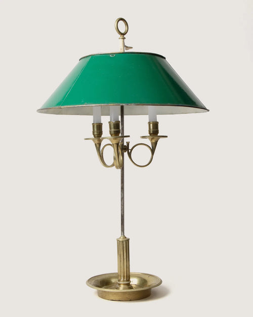 Magnificent late 19th-century French brass Bouillotte table lamp featuring an elegant, classic green metal shade.