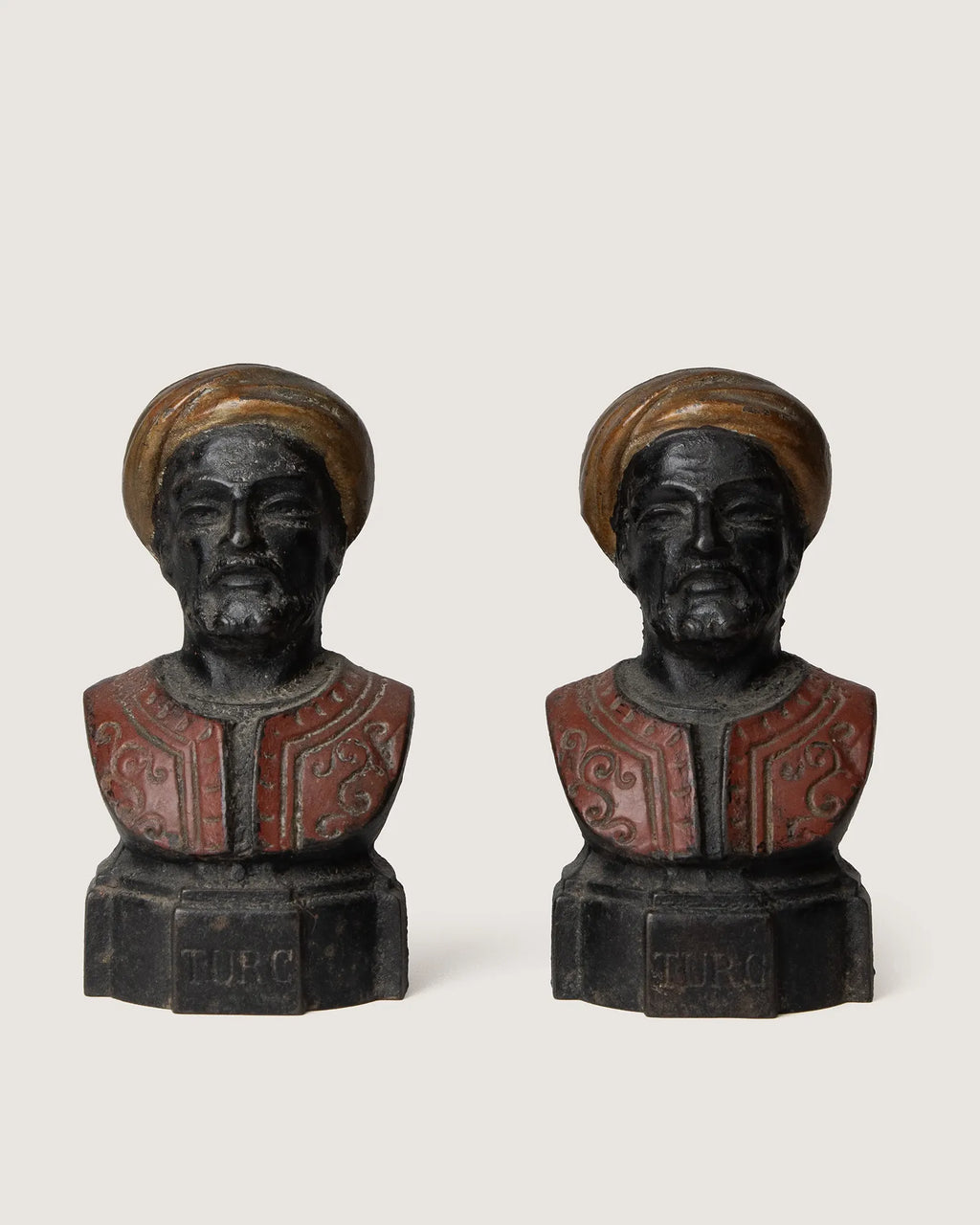 Rare pair of late 19th-century French cast iron fire dog andirons in a striking Orientalist design.