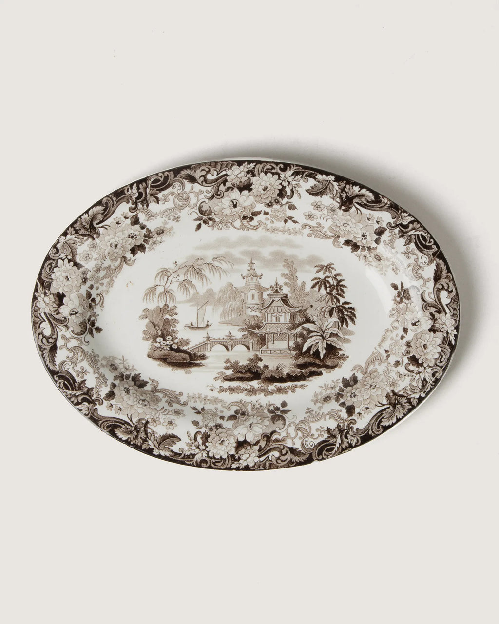 Pristine late 19th-century antique English Wedgwood serving platters in rich brown transferware.