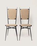 Pair of 1950s mid-century iron garden or accent chairs featuring newly hand-woven natural rope seats and backs.
