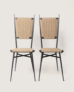 Pair of 1950s mid-century iron garden or accent chairs featuring newly hand-woven natural rope seats and backs.