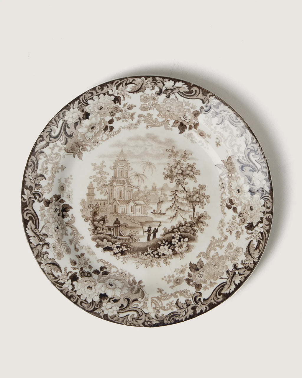 Exquisite set of six late 19th-century English Wedgwood dessert and salad plates in beautiful brown transferware.