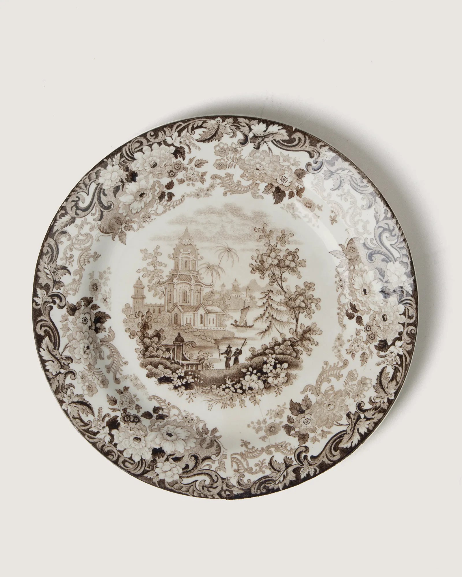 Exquisite set of six late 19th-century English Wedgwood dessert and salad plates in beautiful brown transferware.