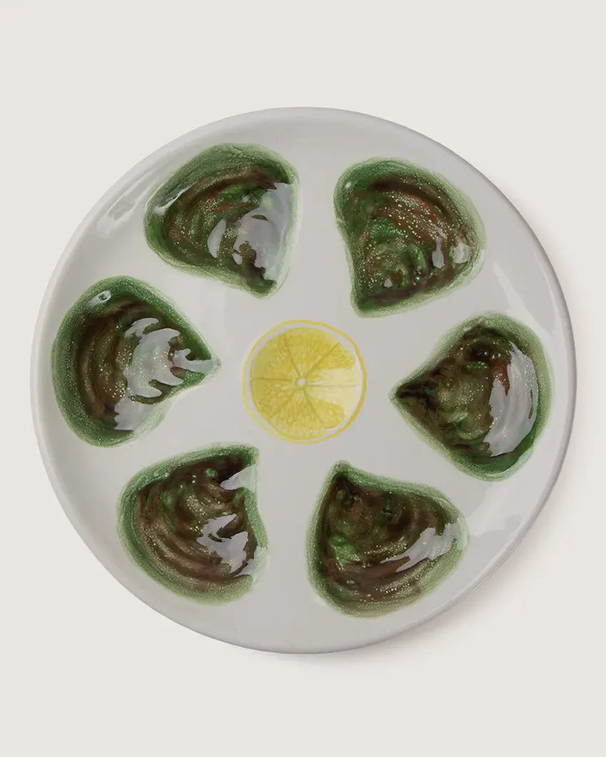Set of six mid-century hand-painted Quimper ceramic oyster plates, vintage French pottery