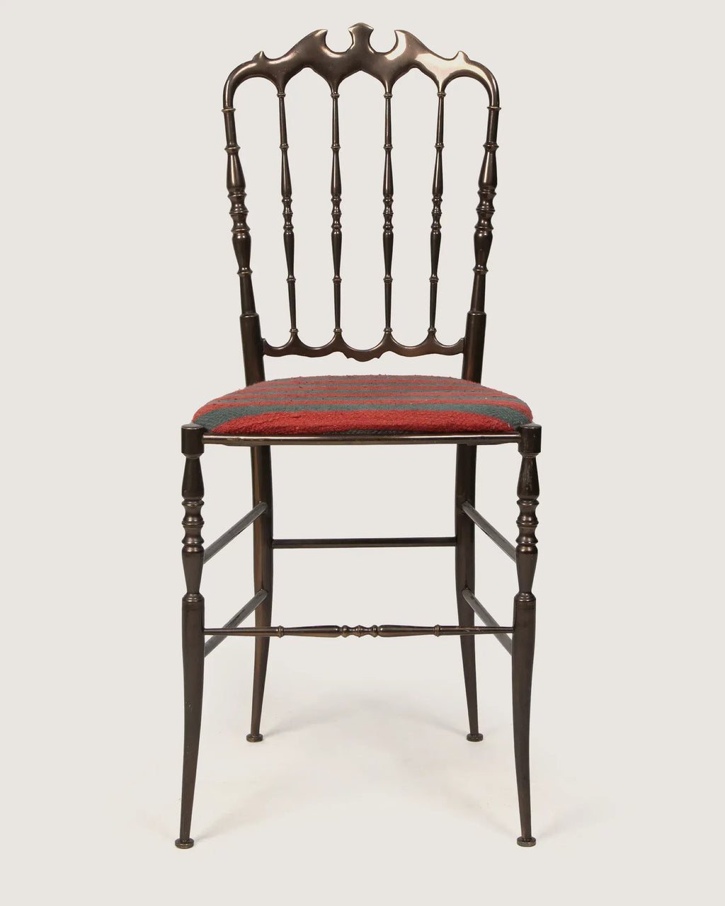 Vintage 1950s Italian Hollywood Regency brass chair in the Chiavarina style, bespoke reupholstered in a rare patterned Eastern European fabric.