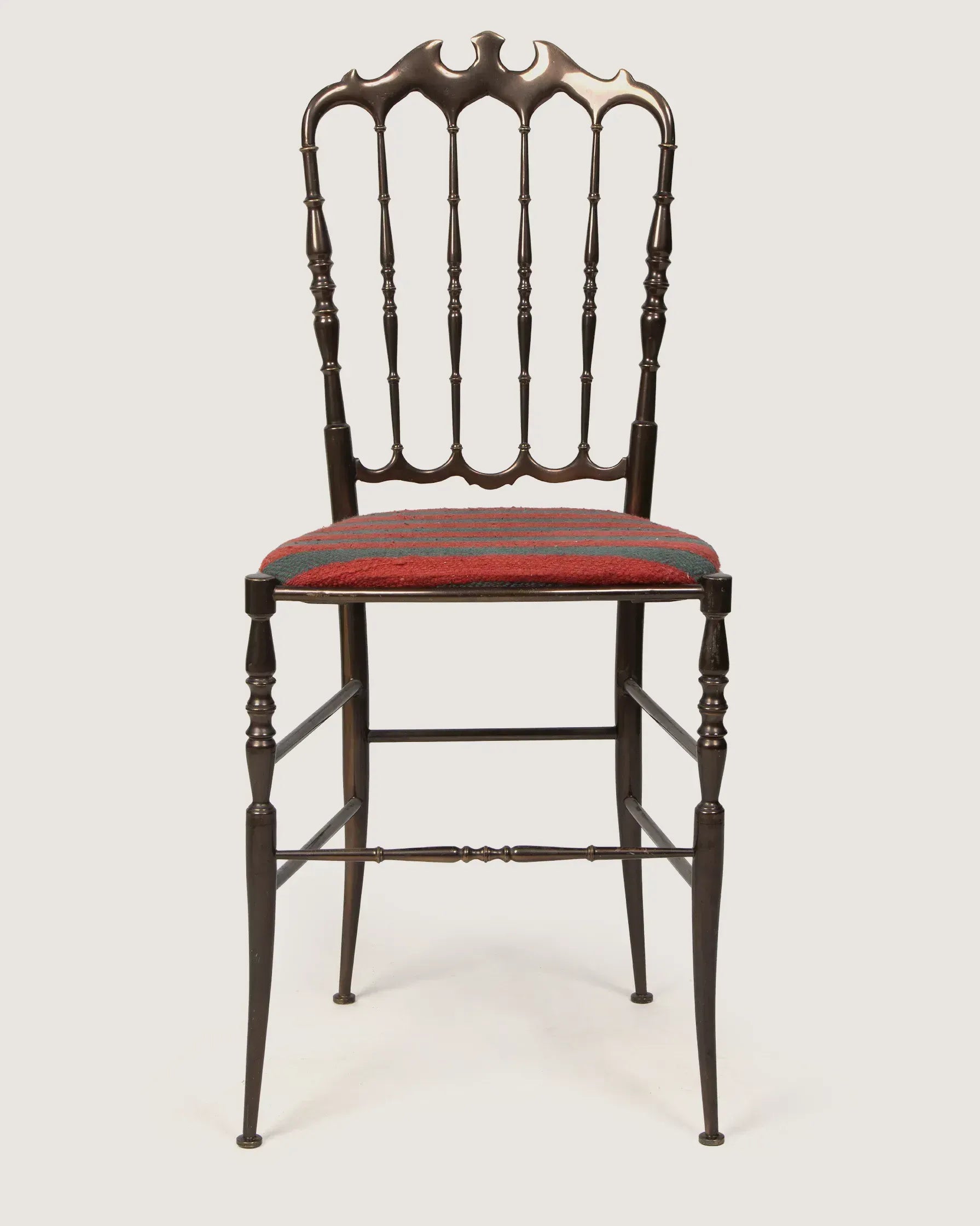 Vintage 1950s Italian Hollywood Regency brass chair in the Chiavarina style, bespoke reupholstered in a rare patterned Eastern European fabric.