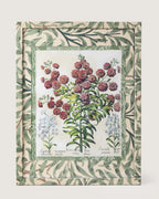 Framed botanical illustration of Leucoium Matthiola plants from Besler's 1613 Hortus Eystettensis, encased in a custom frame and passepartout both fully wrapped by hand in green William Morris foliage wallpaper.