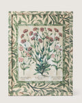 Framed botanical illustration of Lychnis coronaria plants from Besler's 1613 Hortus Eystettensis, encased in a custom frame and passepartout both fully wrapped by hand in green William Morris foliage wallpaper.