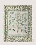Framed botanical illustration of Nigella and Dulcamara nightshade plants from Besler's 1613 Hortus Eystettensis, encased in a custom frame and passepartout both fully wrapped by hand in green William Morris foliage wallpaper.
