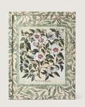 Framed botanical illustration of an Alcca Syriaca white hibiscus plant from Besler's 1613 Hortus Eystettensis, encased in a custom frame and passepartout both fully wrapped by hand in green William Morris foliage wallpaper.